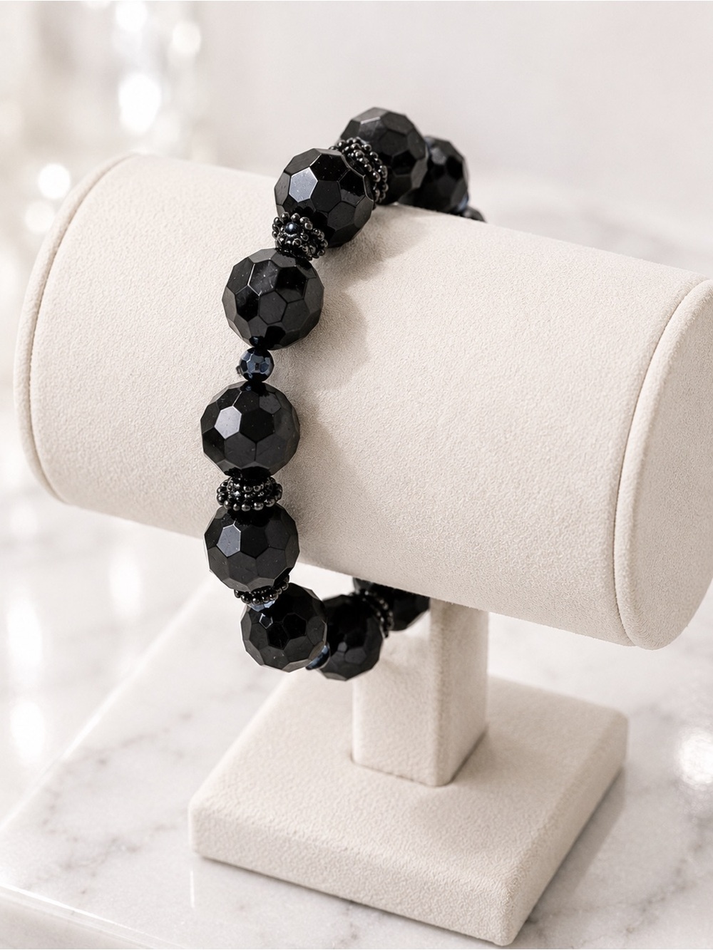 Boutique Jet Black Faceted Beaded Stretch Bracelet Crystal Accent Modern NWT